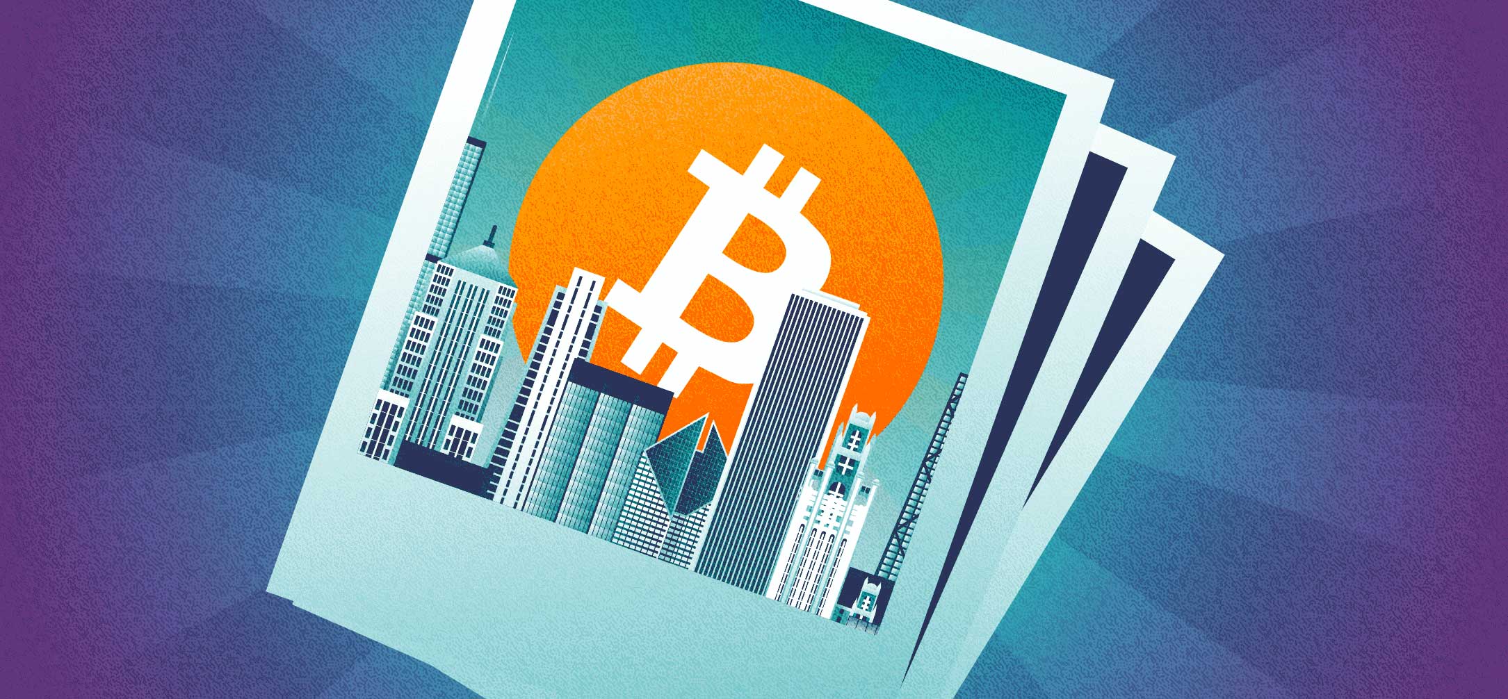 Polaroid photos of a Bitcoin logo over the Chicago skyline