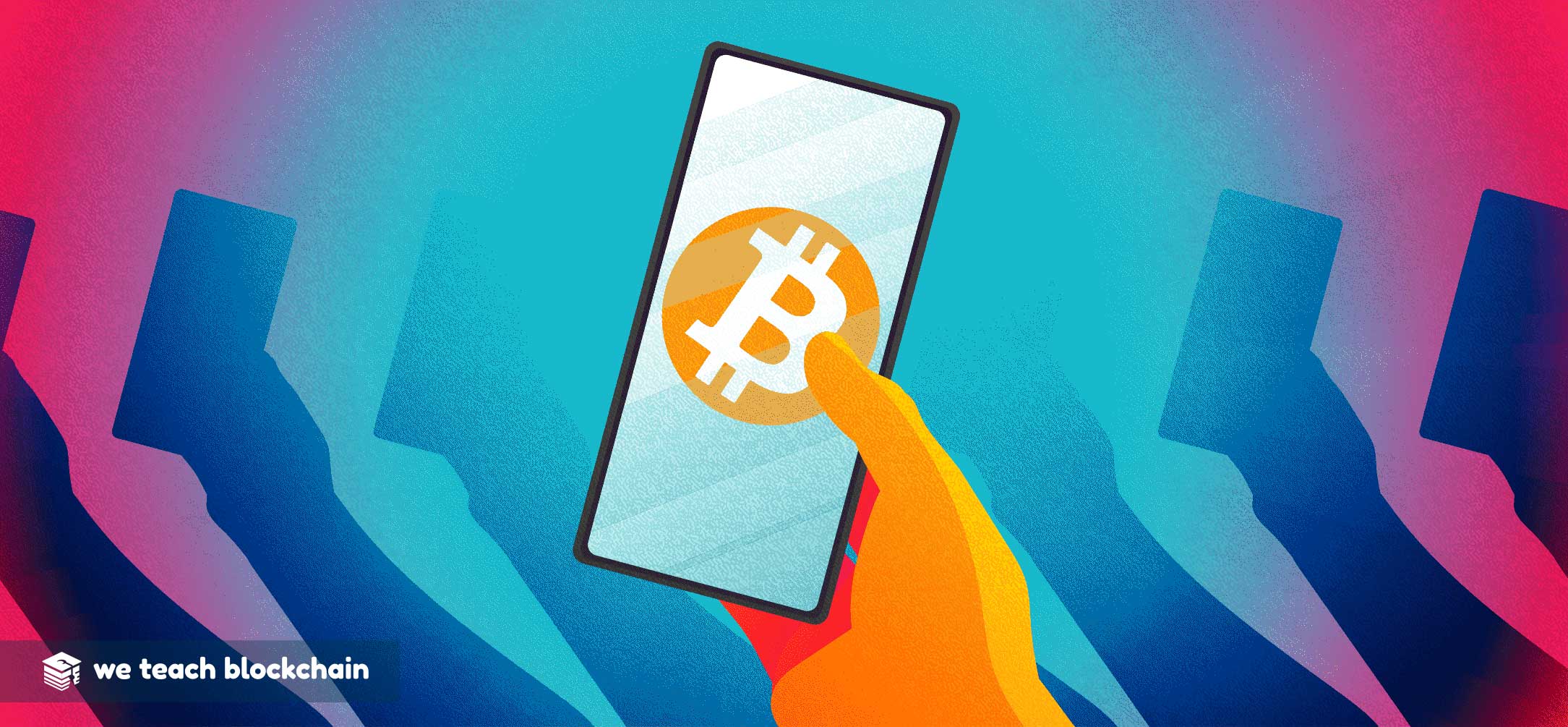 A hand holding a phone with a Bitcoin logo on the screen