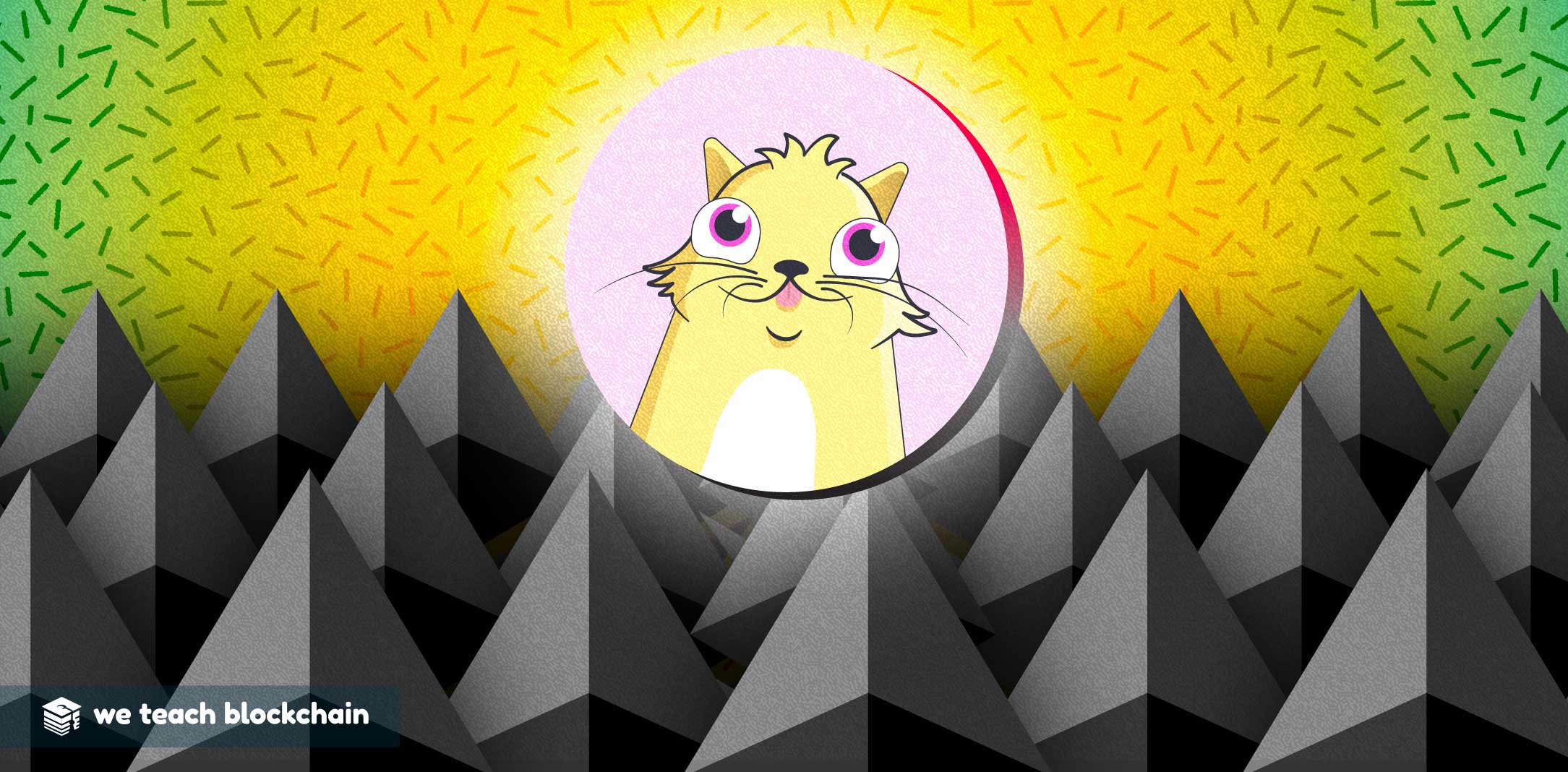 A cryptokitty over a bunch of Ethereum logos