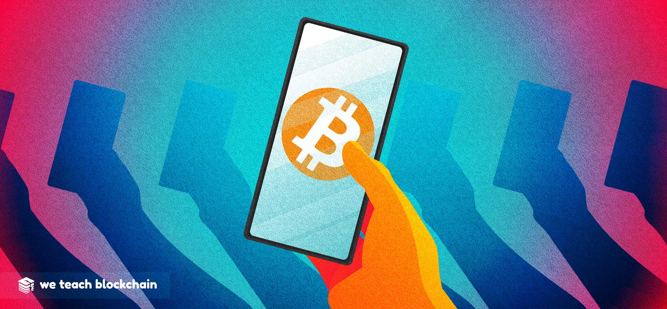 Hand holding phone with Bitcoin logo