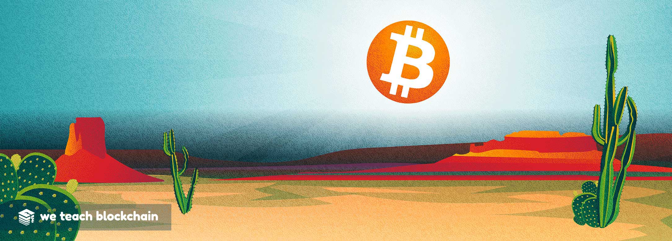 Bitcoin logo as the sun over a desert